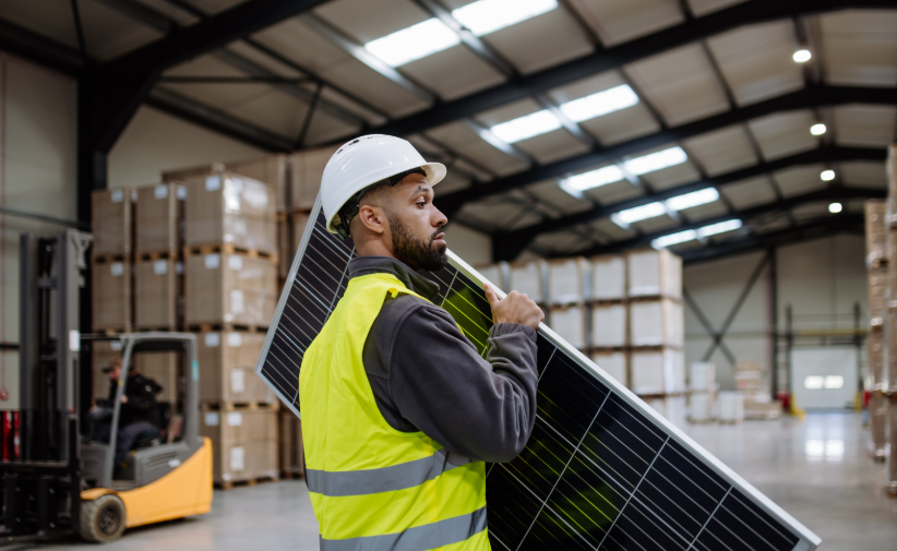 Warehouse engineer carrying a solar panel in a distribution facility